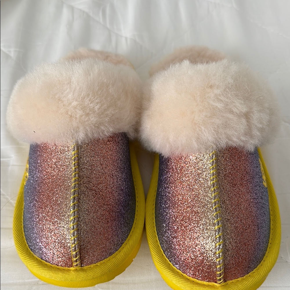 UGG Pink and Yellow Cozy Slippers with Fluffy Trim
